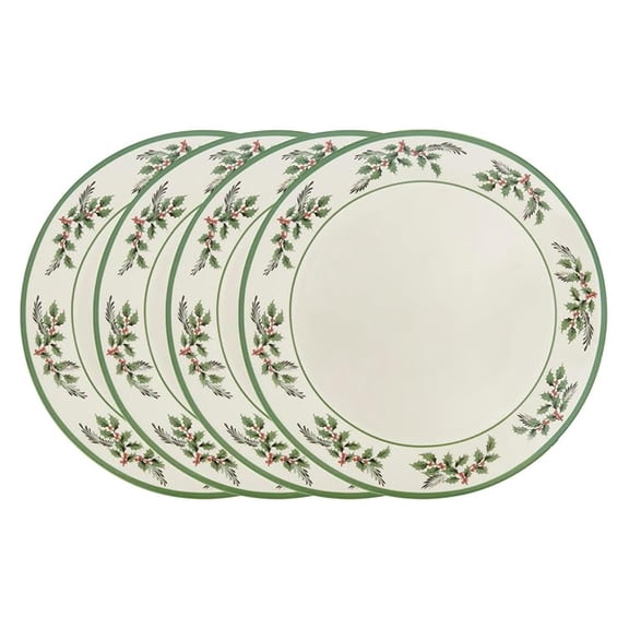 Christmas Tree Holly Dinner Plates, Set of 4-10 Inch Stoneware with White Center & Holly Accents - Festive Holiday Tableware, Microwave, Dishwasher & Freezer Safe, Seasonal Dining