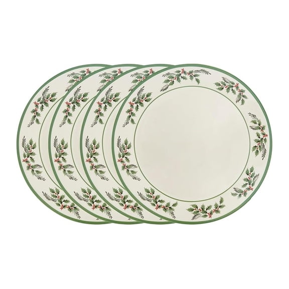 Christmas Tree Holly Dinner Plates, Set of 4-10 Inch Stoneware with White Center & Holly Accents - Festive Holiday Tableware, Microwave, Dishwasher & Freezer Safe, Seasonal Dining