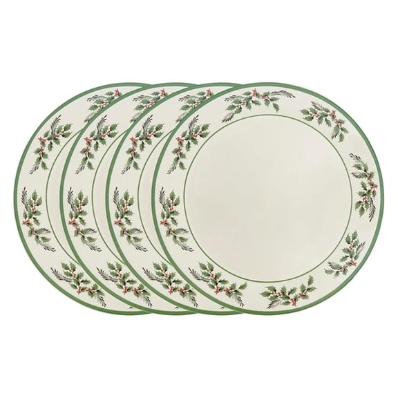 Christmas Tree Holly Dinner Plates, Set of 4-10 Inch Stoneware with White Center & Holly Accents - Festive Holiday Tableware, Microwave, Dishwasher & Freezer Safe, Seasonal Dining