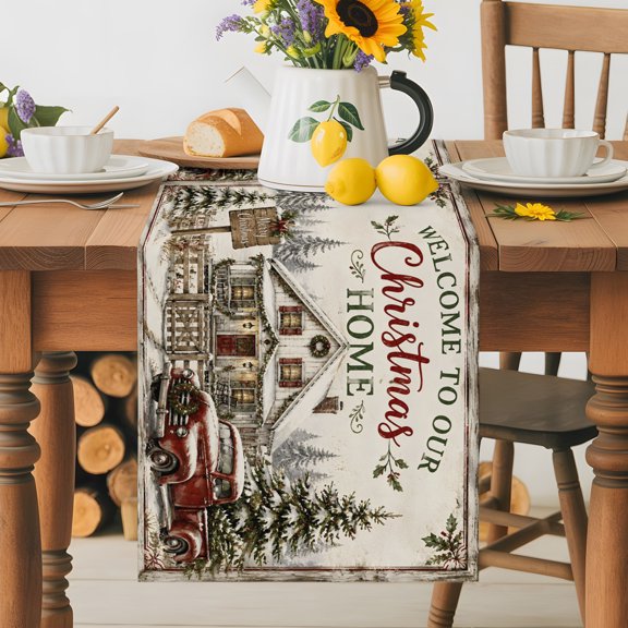 Christmas Tree Home Farm Truck Table Runner 36 Inches Long, Country Town Table Runners Tabletop Scarf Kitchen Dining Tables Decoration for Home Party Indoor Outdoor