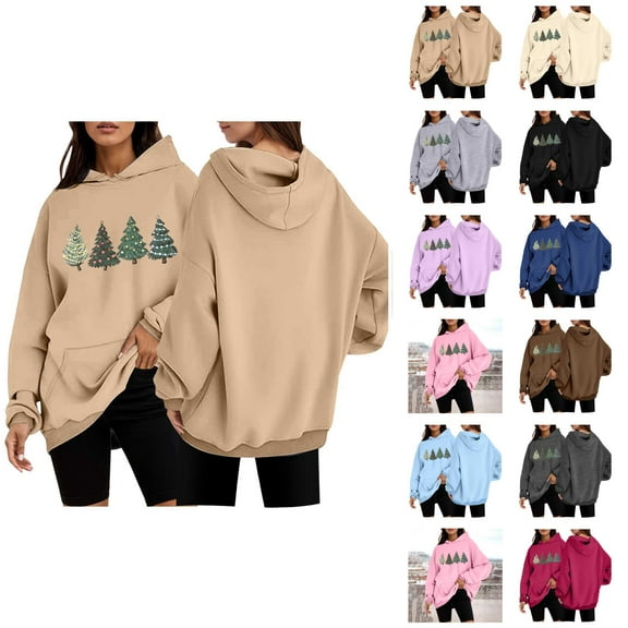Christmas Tree Hoodies for Women 2025 Long Sleeve Holiday Casual Graphic Hooded Sweatshirt with Pockets Pullover Tops