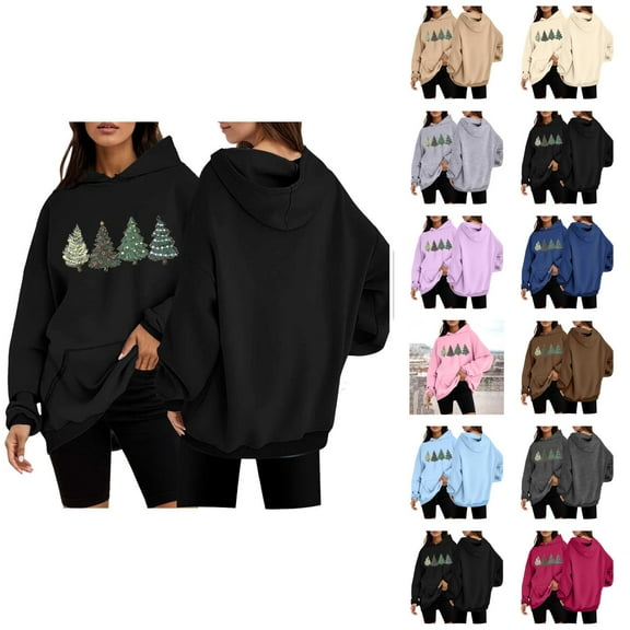 Christmas Tree Hoodies for Women 2025 Long Sleeve Holiday Casual Graphic Hooded Sweatshirt with Pockets Pullover Tops
