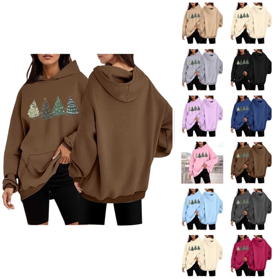 Christmas Tree Hoodies for Women 2025 Long Sleeve Holiday Casual Graphic Hooded Sweatshirt with Pockets Pullover Tops