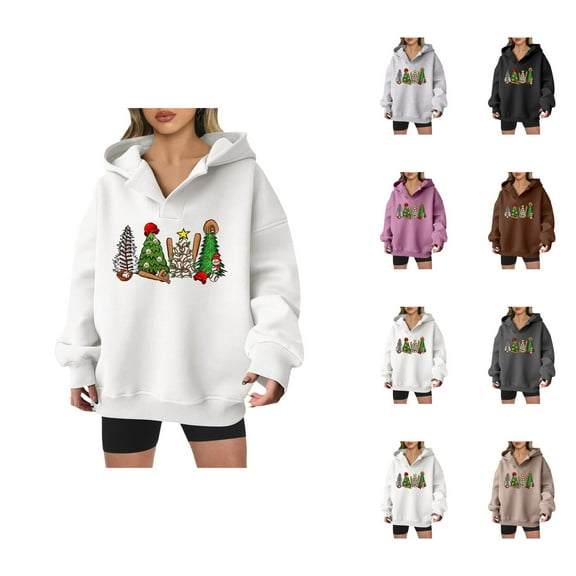 Christmas Tree Hoodies for Women 2025 Long Sleeve V Neck Holiday Graphic Hooded Sweatshirt Pullover Tops