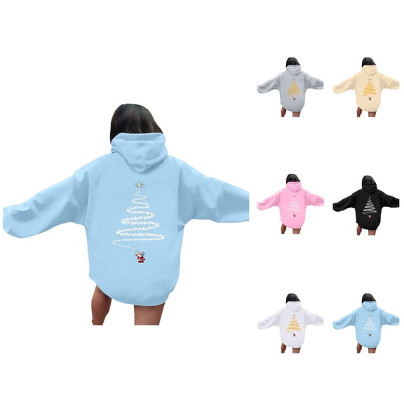 Christmas Tree Hoodies for Women 2025 Long Sleeve Xmas Santa Graphic Hooded Sweatshirt with Pockets Pullover Tops