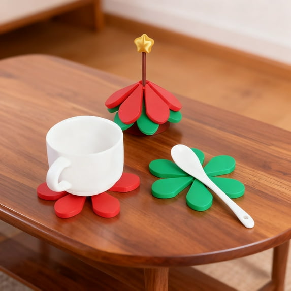 Christmas Tree Hot Pad Mat - 4.5 Inch Foldable Trivet, Non- Heat Resistant Coaster for Kitchen, Pot Stand, Decorative Holiday Ornament, as Christmas Decorations and Table Protector (A)