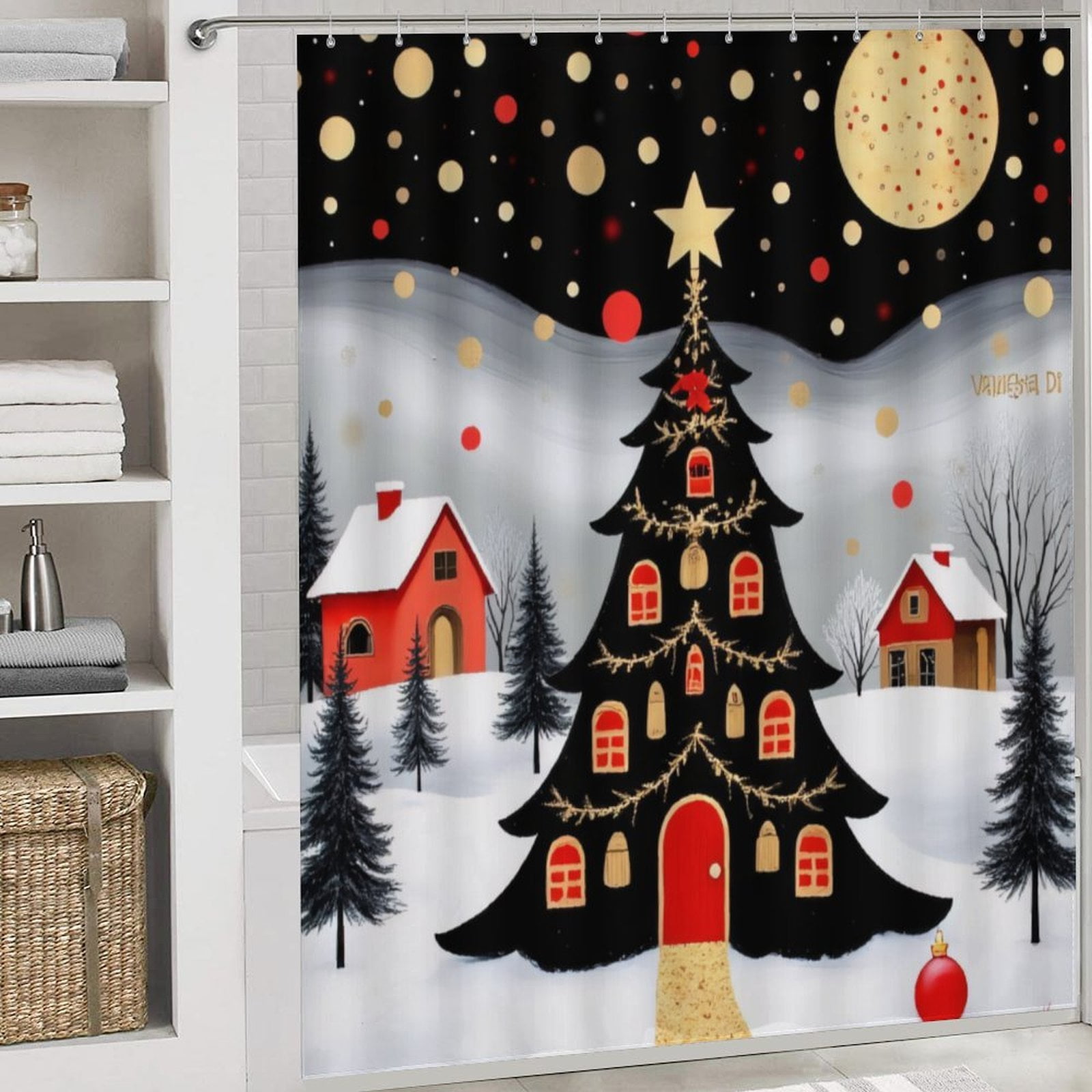 Christmas Tree House Night Scene Shower Curtain Bathtub Decor Bathroom