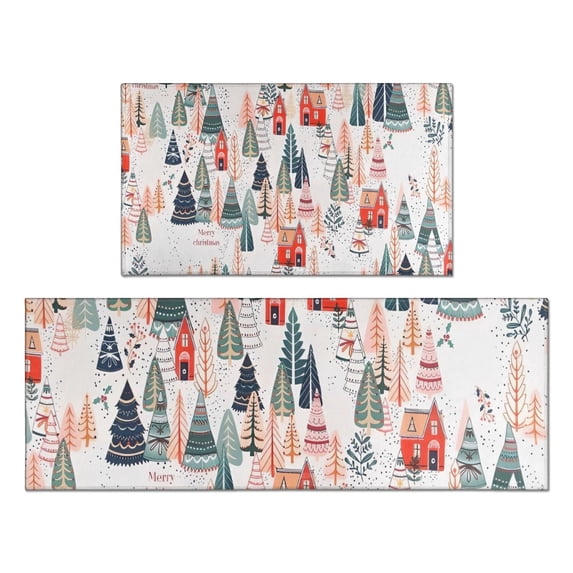 Christmas Tree and House Pattern Kitchen Rugs Sets Of 2,Anti Fatigue Kitchen Mat Rugs Non Slip Washable,Decorative Kitchen Floor Mats for Kitchen,Sink,Laundry,17"x30"+17"x47"