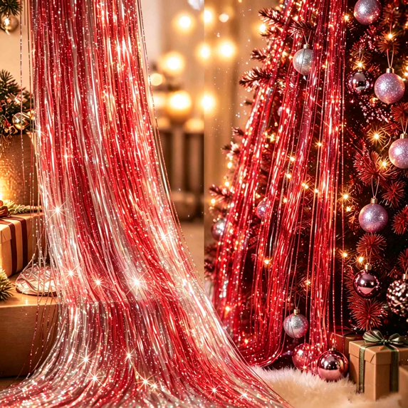 Christmas Tree Icicles Tinsel Strands, 10000 Pieces Shiny Foil Fringe Decor, 19.7‑Inch Disposable Metallic Garland for Xmas Indoor Outdoor Party Supplies(Red)