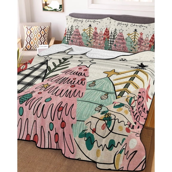Christmas Tree King Size Down Alternative Comforter, Lightweight Comforter Quilt Bedding Set with Pillow Shams Pink Xmas Tree Snowflake Rustic All Seasons Bed Comforter Duvet Insert 96"x106"