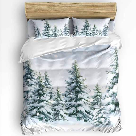 Christmas Tree King Size Comforter Set, Winter Snow Scene Pine Trees Forest Farmhouse Bedding for All Seasons, 4 Pcs Bed Set with 1Comforter (90"x106") ,1 Sheet(94"x116"), 2 Pillowcases (19"x35")
