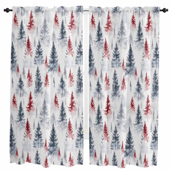 Christmas Tree Kitchen Curtain 2 Panels Curtains 72 Inch Length, Xmas Tree Watercolor Blue Red Curtains Rod Pocket Curtains Window Drapes Treatment Window Cafe Curtains