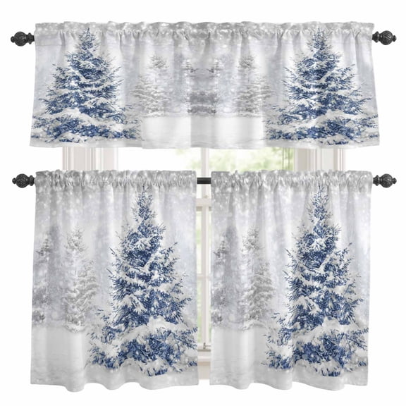 Christmas Tree Kitchen Curtains, Blue Tree Xmas Snowflake Winter Kitchen Curtains and Valances Set of 3, Light Filtering Tailored Tier Curtain 24 Inch Length Drapes for Cafe Sink Bedroom