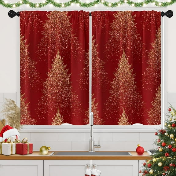 Christmas Tree Kitchen Curtains Red Window Short Tier Curtains Over Sink Set of 2, Xmas Winter Kitchen Decor 26" x 36"