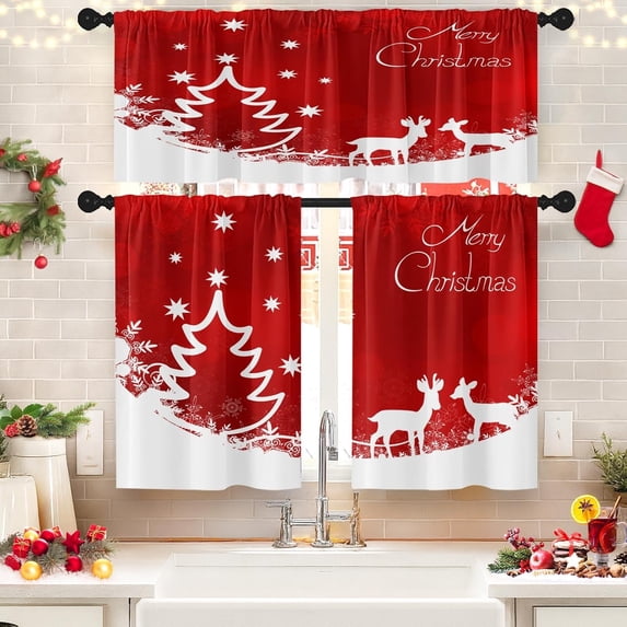 Christmas Tree Kitchen Curtains Reindeer Snowflake Red Window Curtains Valance and Tier Set 36 Inch Rod Pocket Short Tier Curtain for Room Kitchen Decor