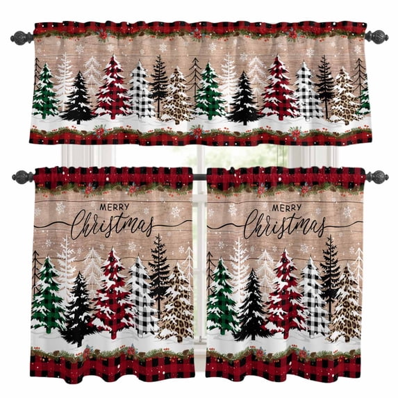 Christmas Tree Kitchen Curtains Sets for Windows 36 Inch Length, Xmas Tree Vintage Red Black Plaid Rod Pocket Window Treatments Tier Curtains and Valances Set for Bedroom/Bathroom