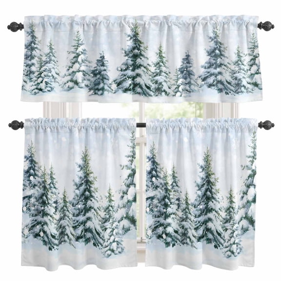 Christmas Tree Kitchen Curtains, Snowflake Winter Farmhouse Xmas Tree Kitchen Curtains and Valances Set of 3, Light Filtering Tailored Tier Curtain 24 Inch Length Drapes for Cafe Sink Bedroom