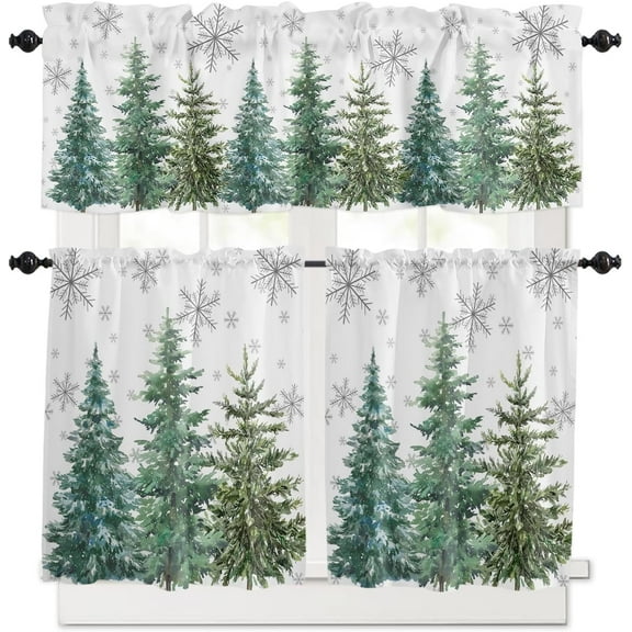 Christmas Tree Kitchen Curtains and Valance Set, Farmhouse Window Curtain Valance 54''''x18'''', Froest Winter Pine Tree Snowflake Small Short Half Tier Curtains for Bathroom Cafe 55x24 Inch
