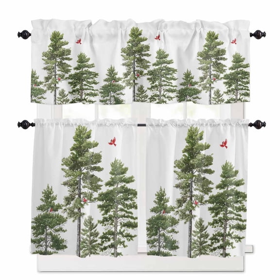 Christmas Tree Kitchen Curtains and Valances Set, Cardinal Red Bird Snowfall Snow View Rod Pocket Window Valance 18 Inch Window Curtain Panels for Living Room Bedroom Laundry, 27.5x24in, 3 Pieces