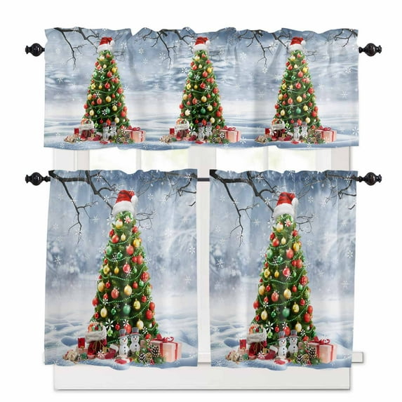 Christmas Tree Kitchen Curtains and Valances Set, Red Hat Winter Snowflake Gift Snowman Rod Pocket Window Valance 18 Inch Window Curtain Panels for Living Room Bedroom Laundry, 27.5x24in, 3 Pieces