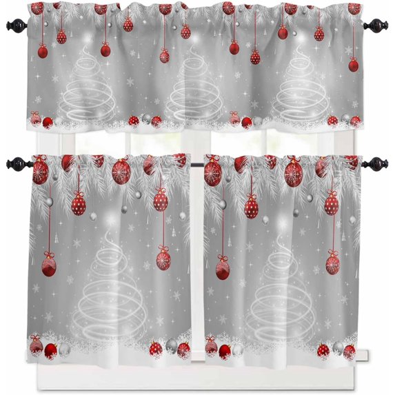 Christmas Tree Kitchen Curtains and Valances Set, Rod Pocket Curtains Tier Farmhouse Window Curtains 36 Inch Length, Winter Silver Leaves Red Ball Snowflake 3 Piece Kitchen Curtains Set