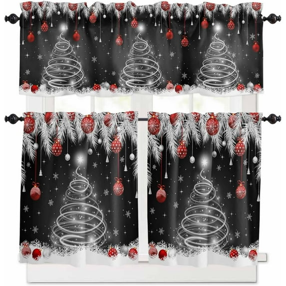 Christmas Tree Kitchen Curtains and Valances Set, Rod Pocket Curtains Tier Farmhouse Window Curtains 36 Inch Length, Xmas Silver Leaves Snowflake Red Ball 3 Piece Kitchen Curtains Set
