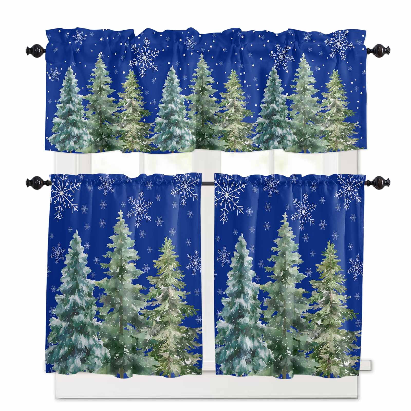 Christmas Tree Kitchen Curtains and Valances Set, Watercolor Winter