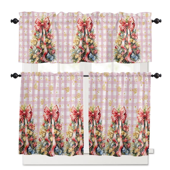 Christmas Tree Kitchen Curtains and Valances Set, Winter Snowflake Pink White Plaid Rod Pocket Window Valance 18 Inch Window Curtain Panels for Living Room Bedroom Laundry, 27.5x36in, 3 Pieces