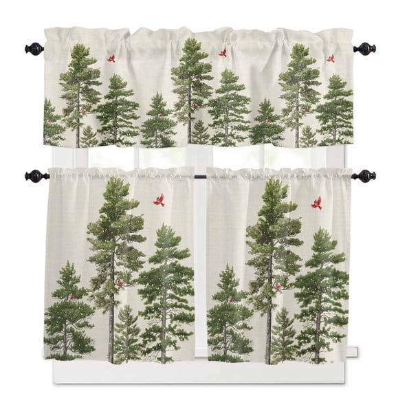 Christmas Tree Kitchen Curtains Valances and Tiers Set of 3 Cardinal Red Bird Snowfall Snow View Rustic Tier Curtains and Valance Rod Pocket Valance Curtains Set for Windows 27.5"W x 24"L