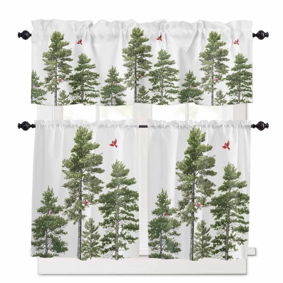 Christmas Tree Kitchen Curtains Valances and Tiers Set of 3 Cardinal Red Bird Snowfall Snow View Tier Curtains and Valance Rod Pocket Valance Curtains Set for Windows 27.5"W x 24"L