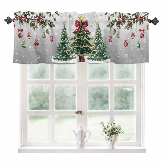 Christmas Tree Kitchen Valances for Windows 54x18 Inch Kitchen Curtains Valances Rod Pocket Grey Retro Winter Ball Berry Snowflakes Bathroom Window Valances for Window Treatment Decor