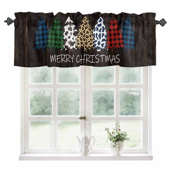 Christmas Tree Kitchen Valances for Windows 60x18 Inch Kitchen Curtains Valances Rod Pocket Cow Leopard Print Plants Wooden Grain Bathroom Window Valances for Window Treatment Decor