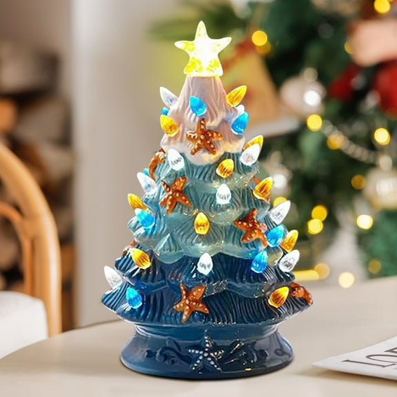 Christmas Tree with LED Lights Large Ceramic Starfishs Tree Light up Tabletop Xmas Tree Blue Ocean Xmas Desktop Decorations Bedside Small Night Light For Holiday Indoor Office Table Decoration