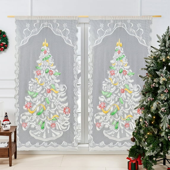 Christmas Tree Lace Curtain – 78"x39" White Sheer Window Panel with Snowman Pattern, Threaded Pole Top – Holiday Window Decoration for Living Room, Bedroom, or Party Backdrop