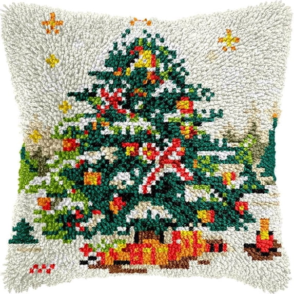 Christmas Tree Latch Hook Kits Pillow DIY Rug Crochet Hook Cushion Making Kits Printed Pattern Canvas Pillowcase Hooking Kits Pillow Cover Crochet Kits 43x43cm(fs20)