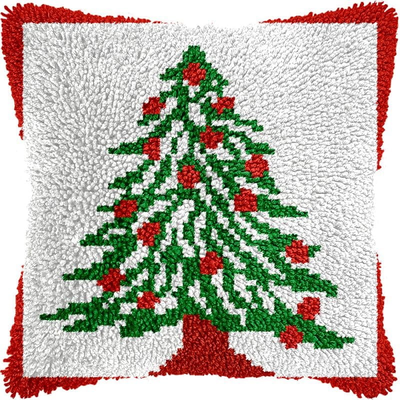 Christmas Tree Latch Hook Pillow Kits Cushion Pillowcase with Pattern Printed Canvas Sofa Hooking Pillows Crafts Embroidery Latch Hooking Crochet Kits 17x17 inch(26)