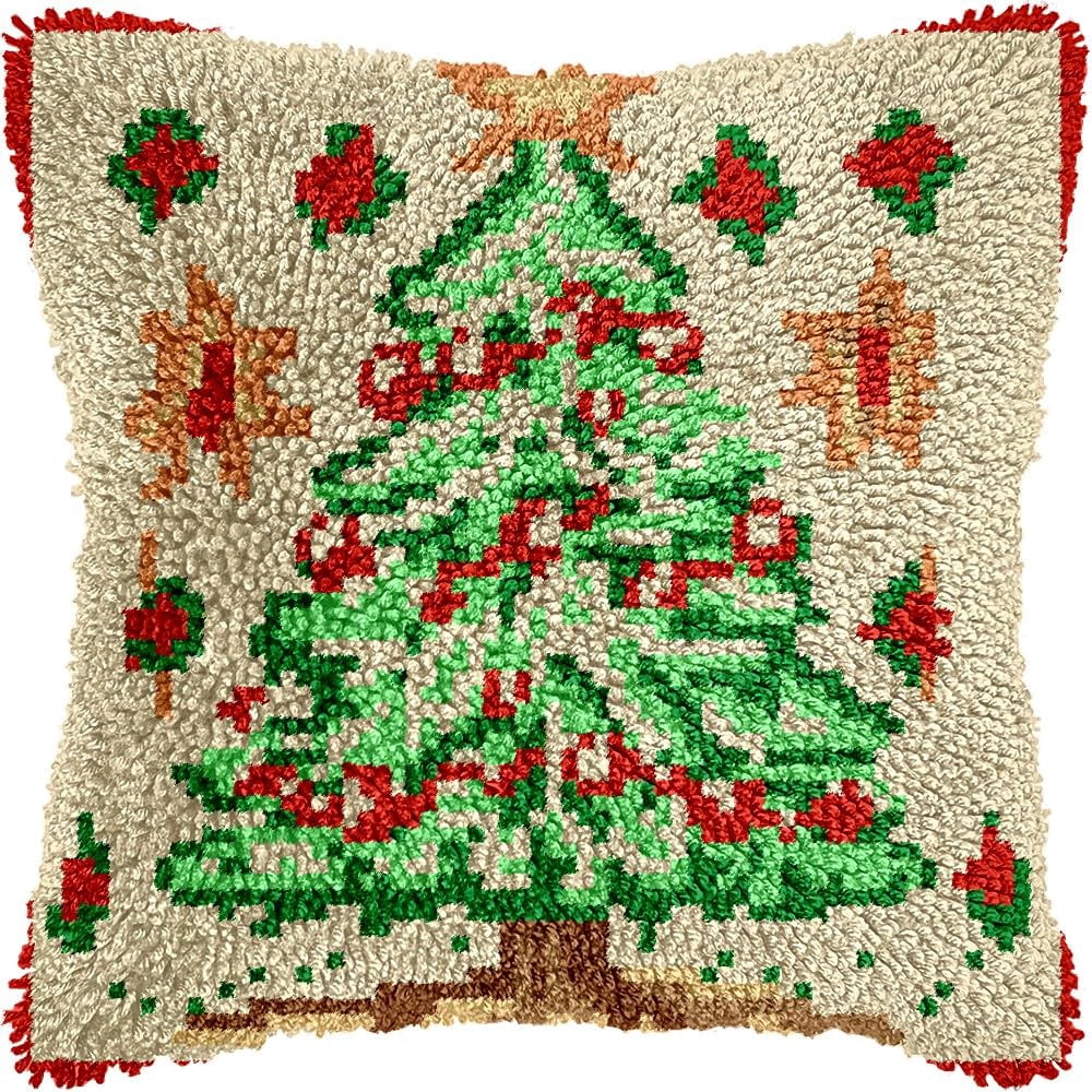 Christmas Tree Latch Hook Pillow Kits for DIY Throw Pillow Cushion Embroidery Latch Hooking Pillowcase Kits with Preprinted Canvas Crochet Yarn Kits for Home Decor 17''X 17''(d34)