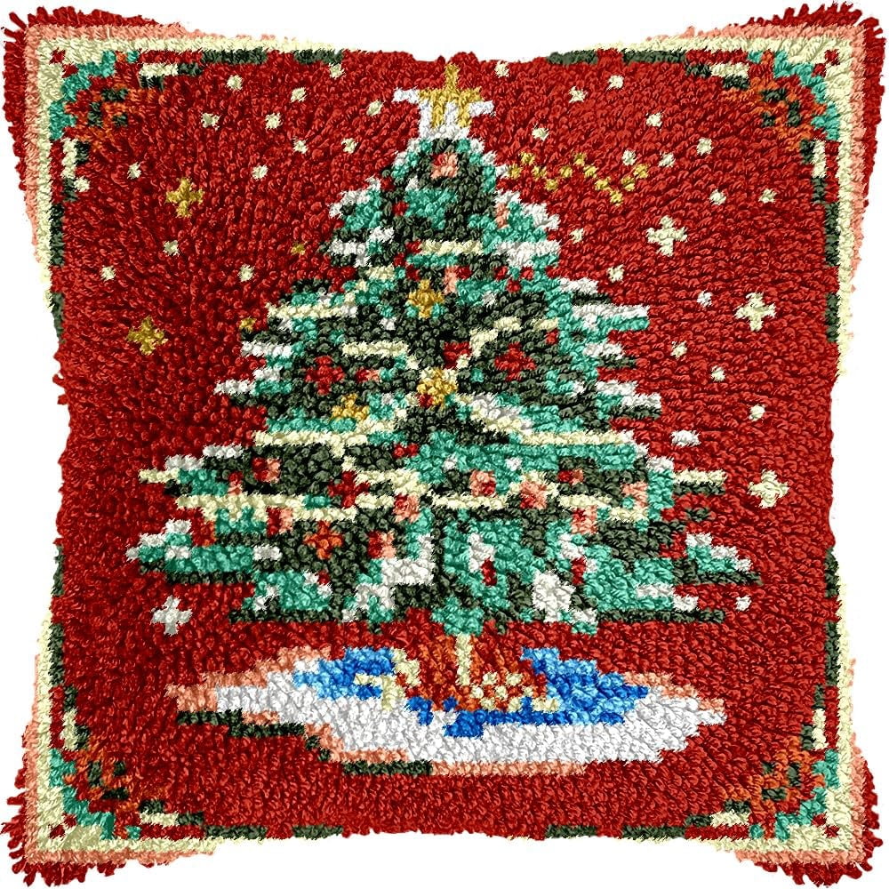 Christmas Tree Latch Hook Pillow Kits Pillow Cover Latch Hook Crafts Crochet Knitted Hooking Pillowcase Cushion Crafts Embroidery Latch Hooking Kits Material Set 17x17 inch(38)