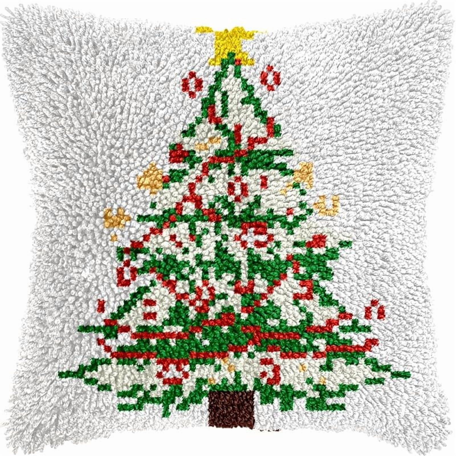 Christmas Tree Latch Hook Pillow Kits Pillow Cover Pattern Printed Canvas Crochet Knitted Hooking Pillowcase Cushion Crafts Embroidery Latch Hooking Crochet Kits Set 17x17 inch(31)