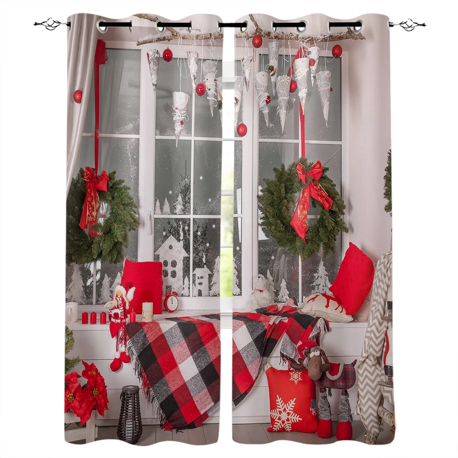 Christmas Tree Leaves Green Red Curtains For Living Room Kids Bedroom