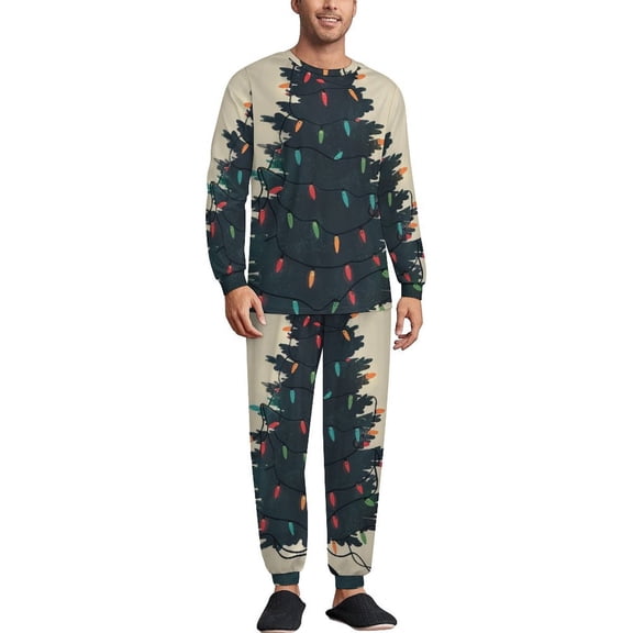 Christmas Tree Light Men's Pajama Set Sleepwear Pjs Lightweight Long Sleeve Crewneck Shirts and Bottoms Soft Comfy Sleep Sets S