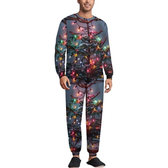 Christmas Tree Light Men's Pajama Set Sleepwear Pjs Lightweight Long Sleeve Crewneck Shirts and Bottoms Soft Comfy Sleep Sets XL