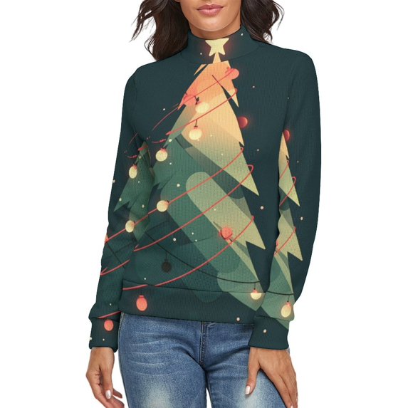 Christmas Tree Light Women's Turtleneck Sweater Long Sleeve Ribbed Fitted Turtle Neck Casual Fall Winter Collection Top M