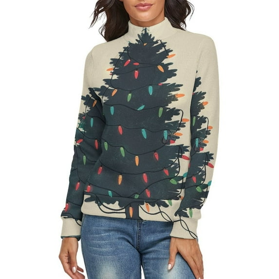 Christmas Tree Light Women's Turtleneck Sweater Long Sleeve Ribbed Fitted Turtle Neck Casual Fall Winter Collection Top M