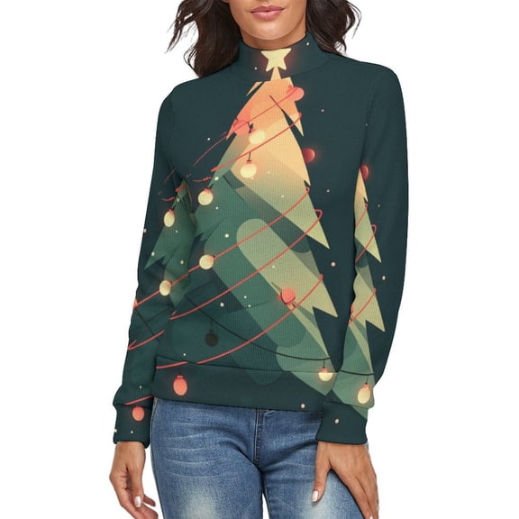 Christmas Tree Light Women's Turtleneck Sweater Long Sleeve Ribbed Fitted Turtle Neck Casual Fall Winter Collection Top S