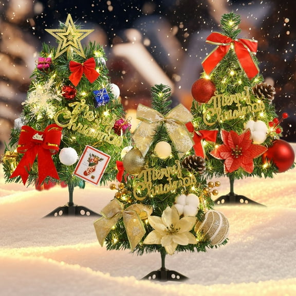 Christmas Tree with Lights 17.7inch Artificial Christmas Pine Tree with LED String Lights & Ornaments Battery Operated Small Tabletop Christmas Tree Decorations for Christmas Home Party Decor