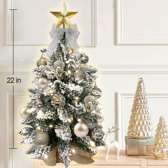 Tabletop Christmas Tree with Lights, 2FT Pre-lit Christmas Tree with Rich Decorations, Mini Artificial Tree Shiny Ornaments & Light String for Xmas, White Small Lighted Tree for Home Decor, Gold