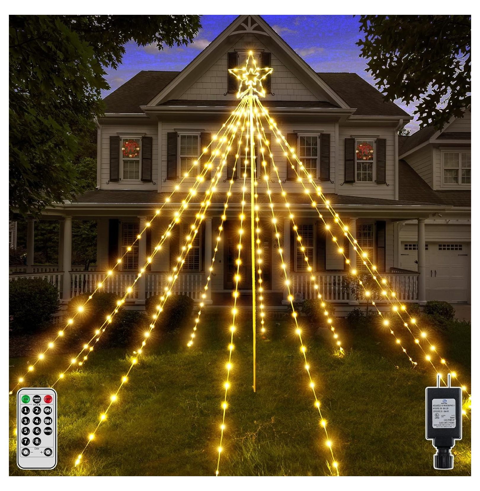 Christmas Tree Lights 340LED, IP67 Waterproof Outdoor Christmas Decorations Lights with Topper