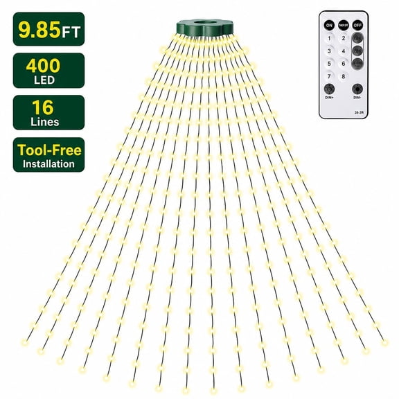 Hanson Dazzle Bright 400 LED Warm White Tree Topper Waterfall Lights, 8 Modes Remote, 9.85FT 16 Lines Indoor Outdoor Xmas Yard Decor