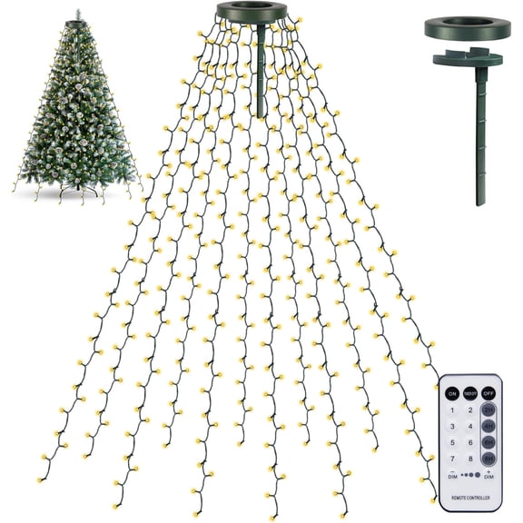 Christmas Tree Lights, 448 LED Christmas Waterfall Tree Topper Lights with 8 Lighting Modes & Remote, 8.2FT X 16 Lines String Light for Indoor Outdoor Yard Party Xmas Decoration, Warm White